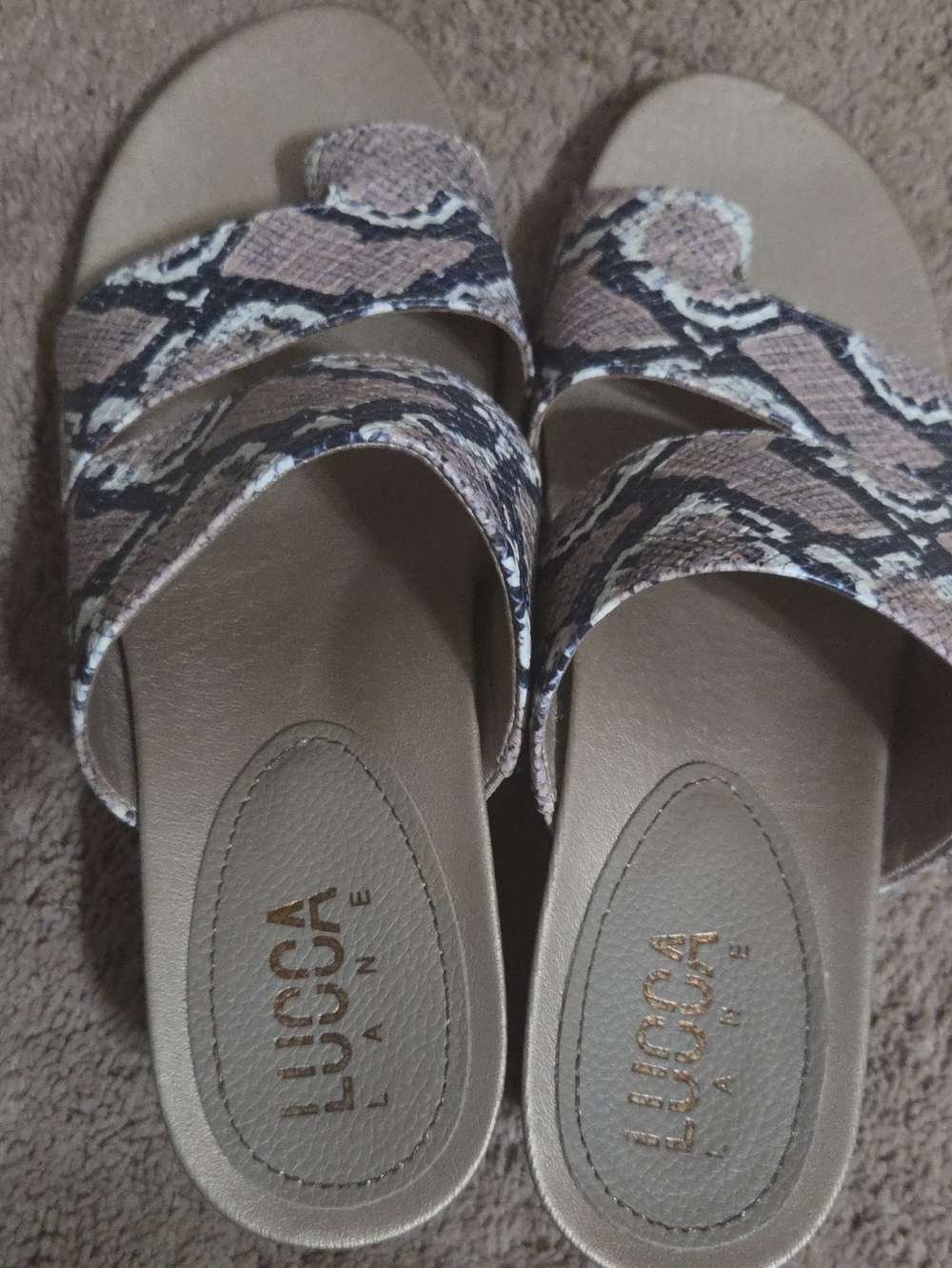 Lije New Lucca Lane Women's Snake-Print Slide Sandals in Taupe